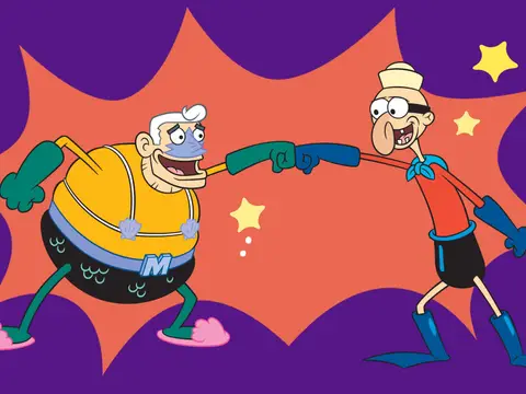 Mermaid Man and Barnacle Boy share a super awesome fist-bump! 